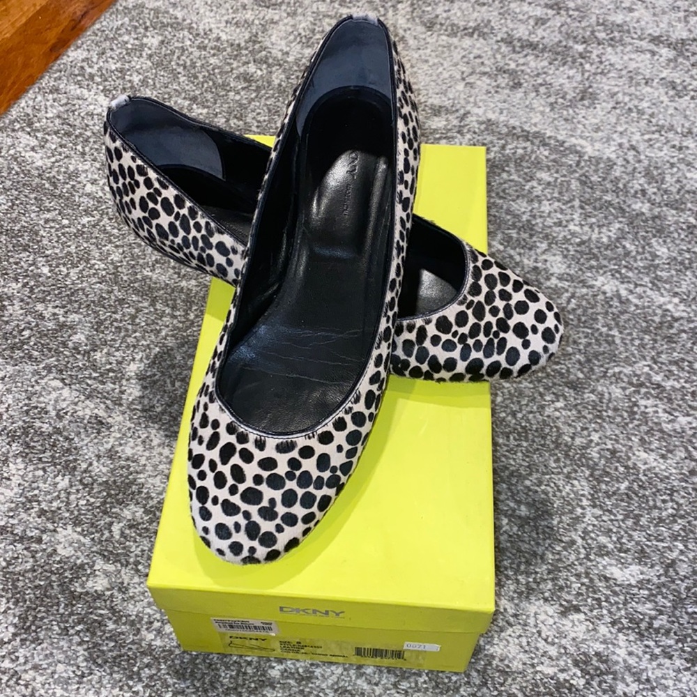 DKNY leather and pony hair leopard flats